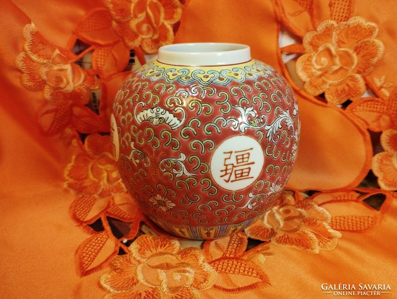 Famille Jaune kínai porcelán váza, teafűtartó, hosszú élet mintával