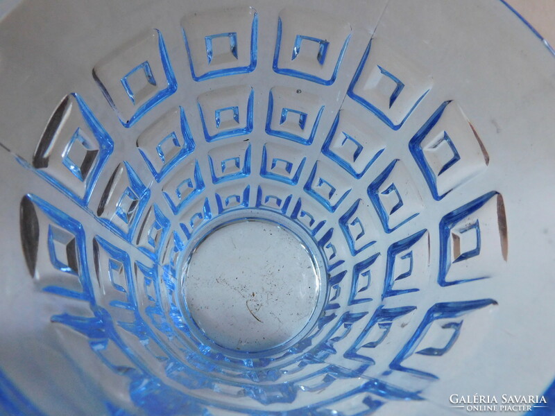Vintage blue glass ice bucket with metal handle, geometric pattern