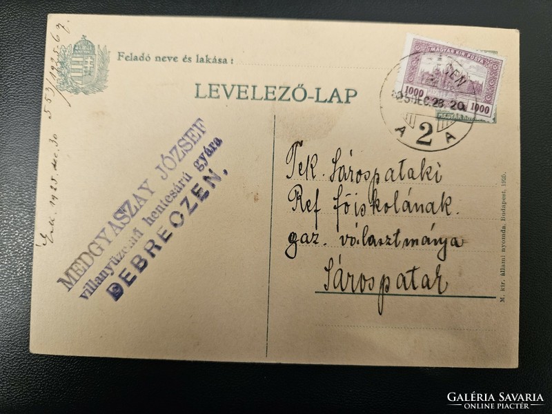 1925 1000-koruna postcard in Debrecen