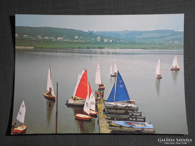 Postcard, cattail, Pécs lake, detail, sailing association, 1970-80