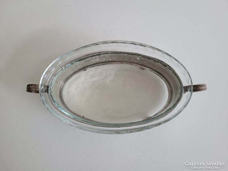 Régi üvegtál fém tartóban szecesszió jellegű ovális kínáló cukorkás füles tál