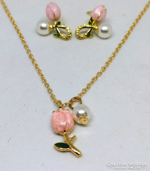 Gold-plated and enameled tulip necklace and earring set 103