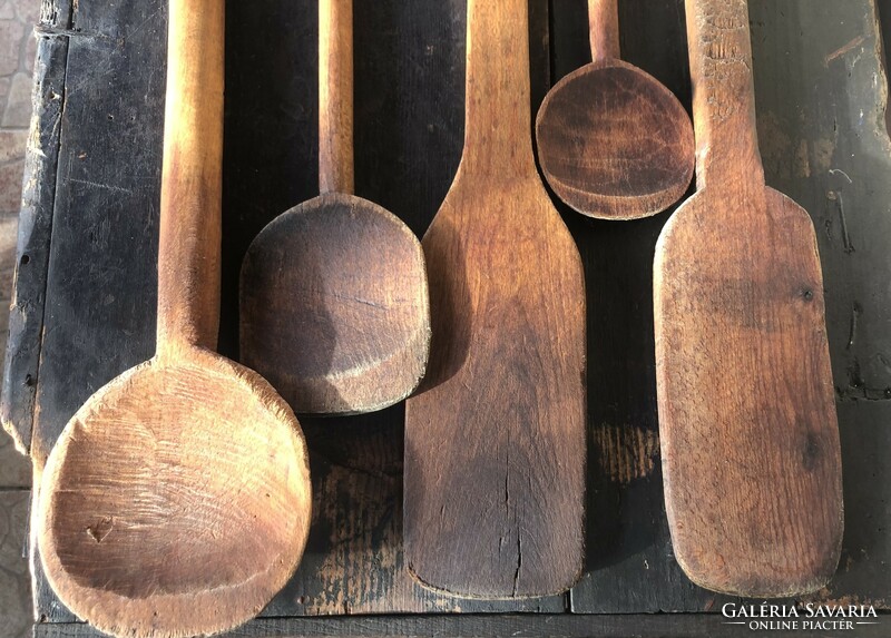 Old large carved wooden spoons, jam mixer, pig butchering accessories, folk antique