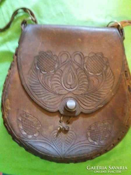 Antique craftsman tarsoly shape original Ziegler (Szeged) leather decorated shoulder bag 24x27cm according to pictures