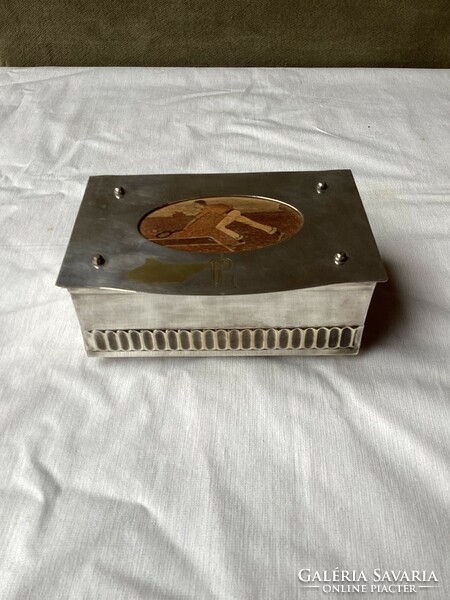 Silver-plated art deco inlaid cigarette box with wümak mark.
