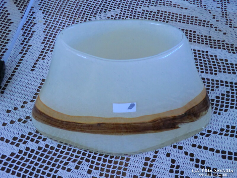 Oval vase milk glass with 2 brown stripes, exceptional shape, amazing color scheme
