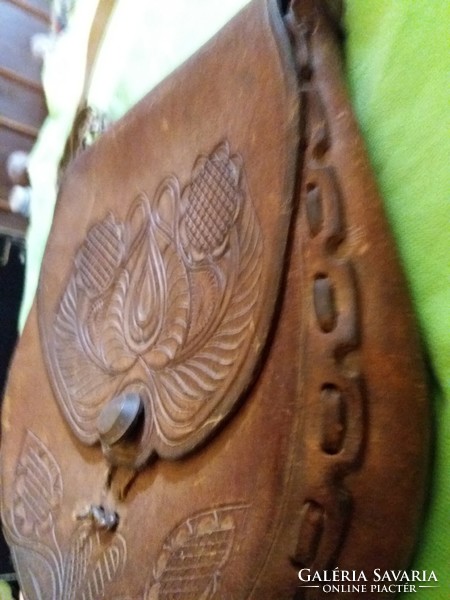 Antique craftsman tarsoly shape original Ziegler (Szeged) leather decorated shoulder bag 24x27cm according to pictures