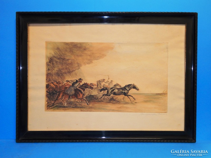 Colored etching by Benyovszky in a 50 x 70 cm flawless frame