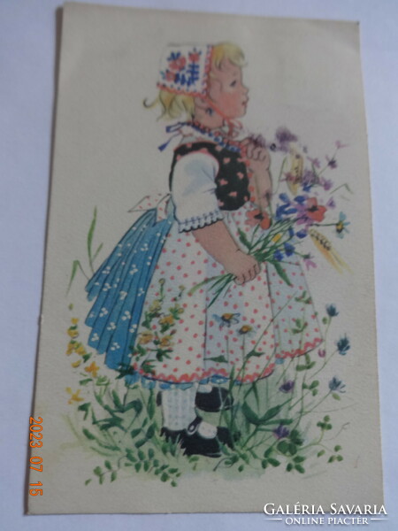 Régi grafikus üdvözlő képeslap -  Győrffy Anna rajz (1956)