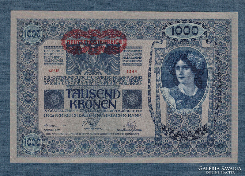 1000 Korona 1902 Deutschösterreich bélyegzéssel a német nyelvű  Hátoldalon RITKA EF- aUNC
