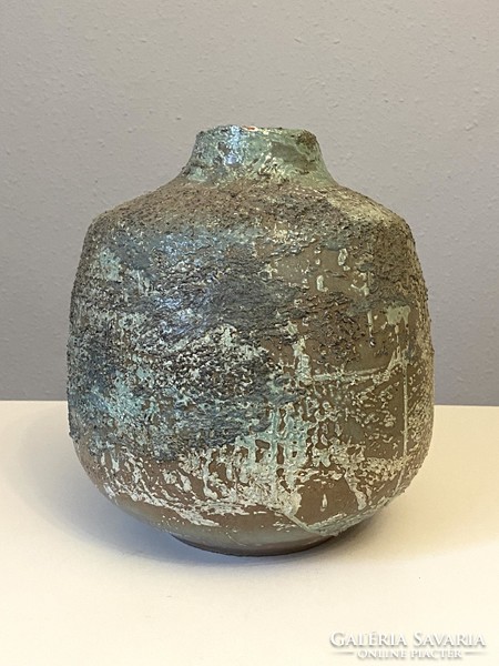 Large retro ceramic vase with a green splattered pattern