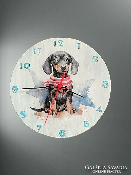 Wooden wall clock with a dachshund dog