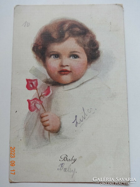 Régi, antik grafikus üdvözlő képeslap - művészrajz - "Baby" - kislány virággal
