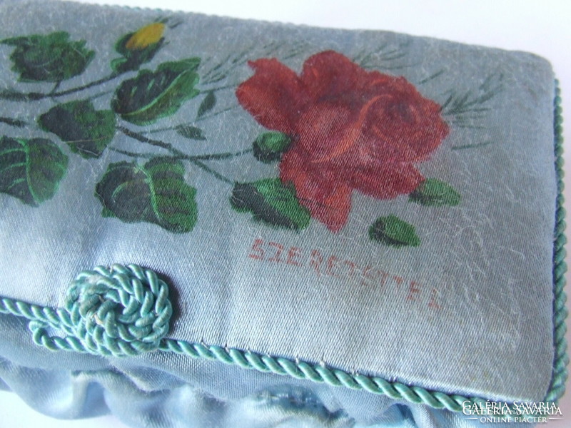 Old, antique flower-decorated silk sewing, handicraft, toiletry or jewelry box with the inscription 