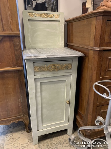 Vintage-painted, gilded with smoke foil, German pewter bedside table with a marble top