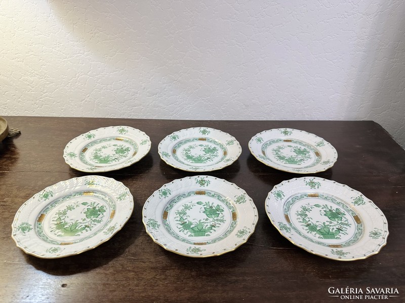 6 Personal Herend green Indian basket pattern cake set