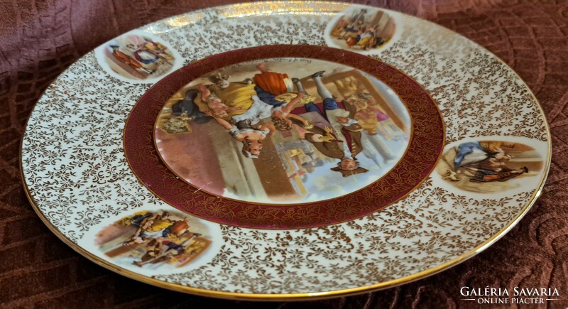 Barokk életképes porcelán dísztányér, tál (L4548)