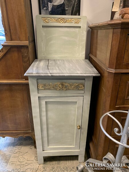 Vintage-painted, gilded with smoke foil, German pewter bedside table with a marble top