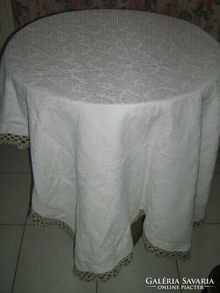 Wonderful antique damask tablecloth with handmade crocheted antique baroque pattern