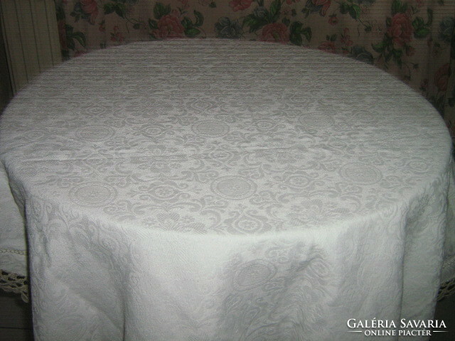 Wonderful antique damask tablecloth with handmade crocheted antique baroque pattern