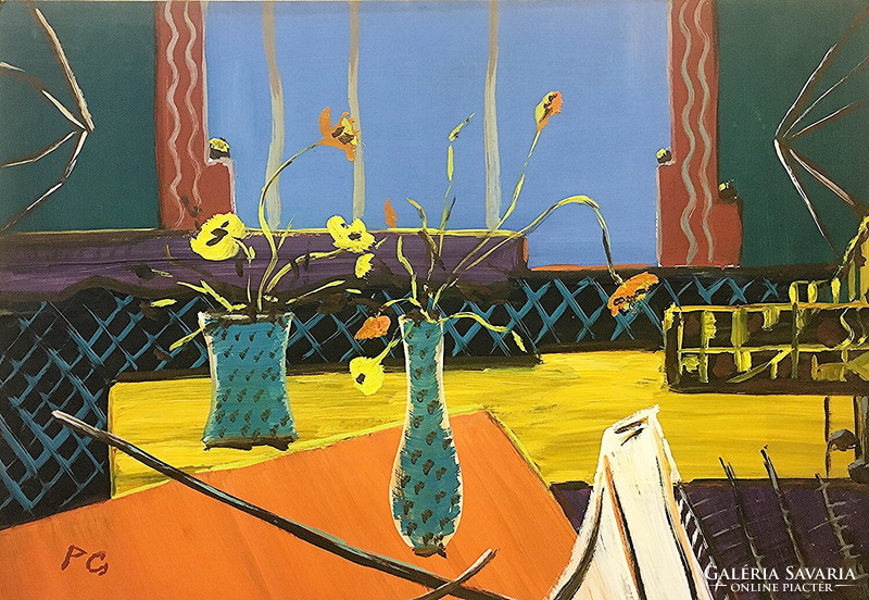 Interior with flowers, oil on cardboard, 36 x 50 cm