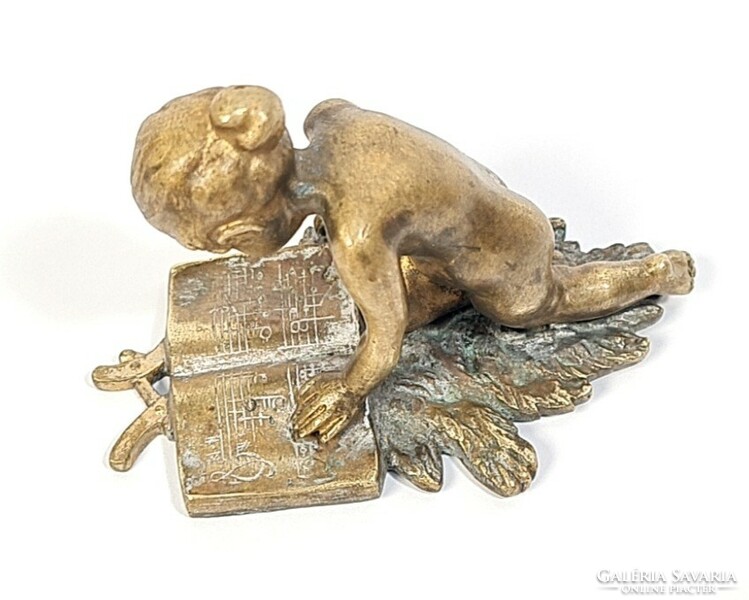 Bűbájos antik réz/bronz szobor - kottát olvasó kislány tölgyfalevélen