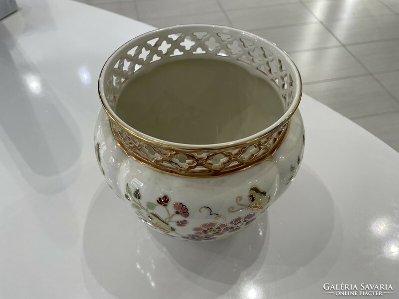 Zsolnay pillangó mintás áttört kaspó váza porcelán