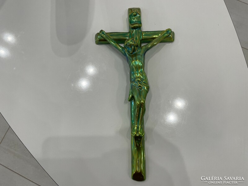 Zsolnay eozin large cross crucifix porcelain ecclesiastical Jesus Christ
