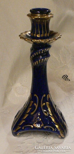 Hollóháza baroque patterned, cobalt blue candle holder