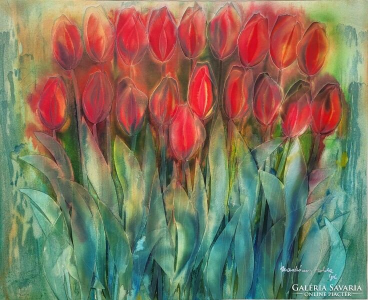 110x80cm!! Macskássy Izolda (1945 - 2021) Tulipánok c.selyem kollázs festménye Eredeti Garanciával!!