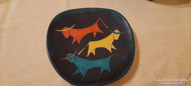Art-deco craftsman ceramic wall plate bull bulls