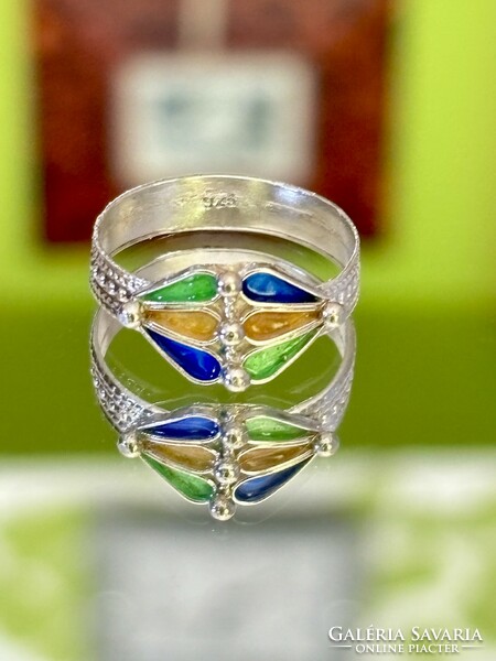 Unique silver ring with fire enamel decoration