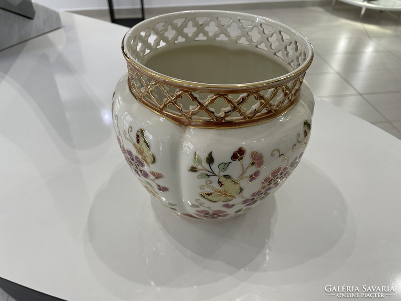 Zsolnay pillangó mintás áttört kaspó váza porcelán