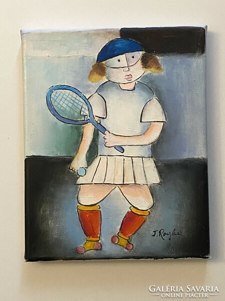 Tennis girl marked modern painting 22 x 28 cm
