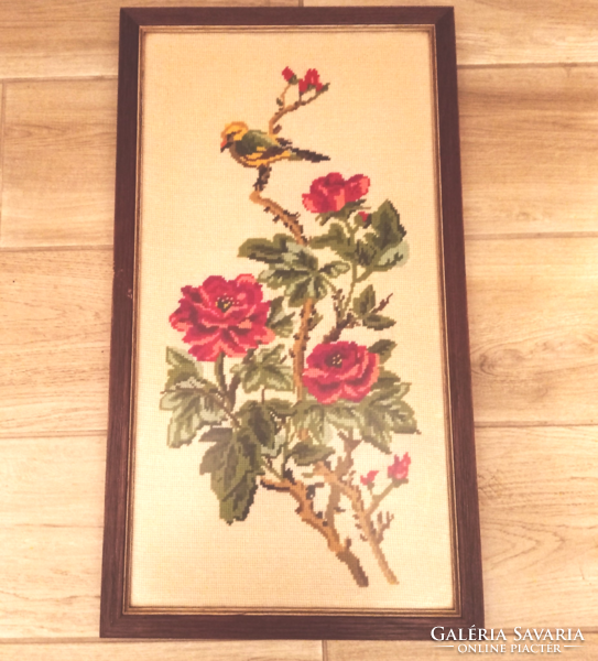 Gobelin roses with birds, glazed, in a wooden frame, 58.5! X 32.5 cm