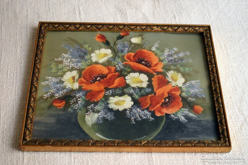 Tavaszi virágok pipacs orgona vázában csendélet , MAYER B. tempera , papír 26,5 x 21 cm , 50-es évek
