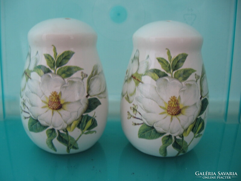 Pair of magnolia salt, pepper shakers and table spice holders