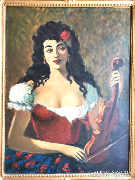 Gypsy girl with a violin, oil on canvas, from HUF 1.
