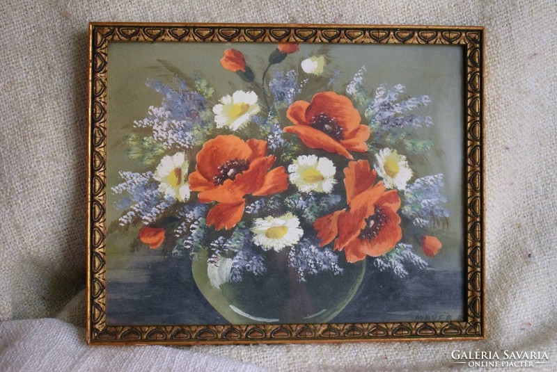 Spring flowers poppy in organ vase still life, mayer b. Tempera, paper 26.5 x 21 cm, 50s