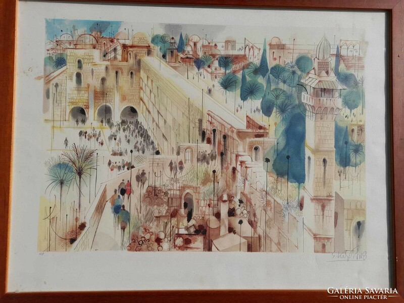 "Városi látkép" akvarell festmény, 56 x 72 cm.