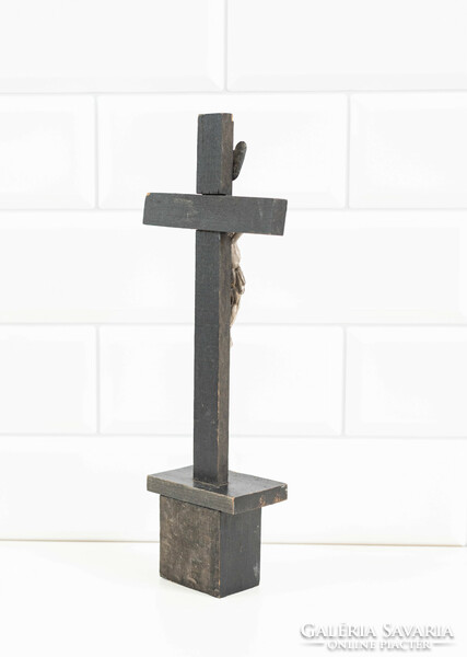 Old wooden cross with silver / pewter body, skull - wooden crucifix