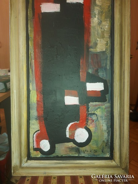 Abstract painting, wooden panel, 32x101 cm+ frame, acrylic/oil type paint