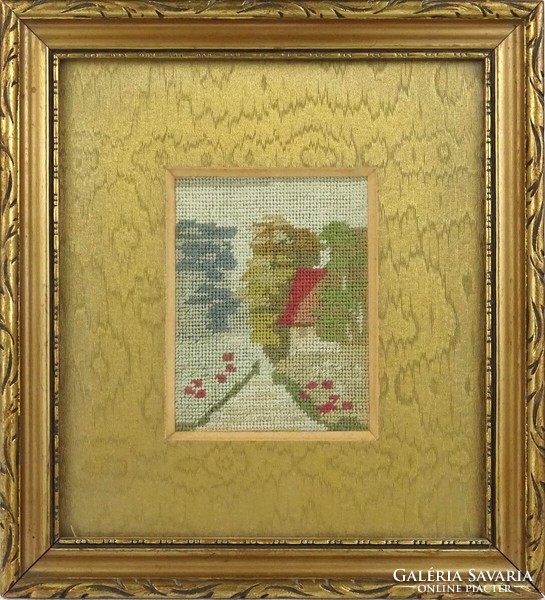1Q713 old framed landscape needle tapestry 20 x 18 cm