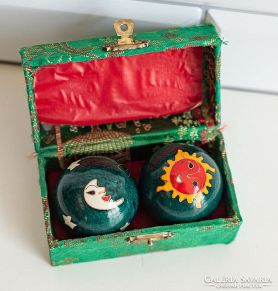 Chi-kung balls with fire enamel decoration - sun and moon pattern - feng shui balls qi kung