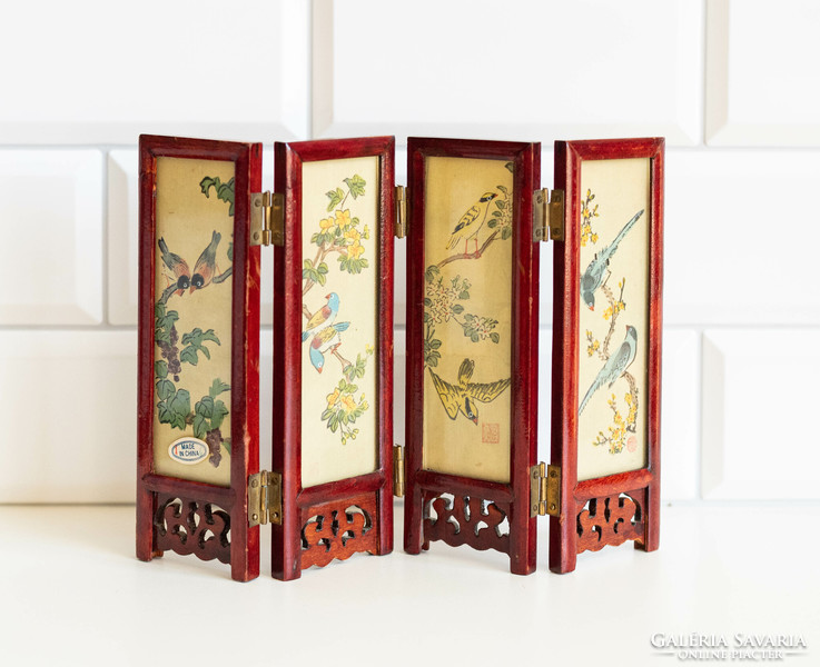 Vintage mini kínai paraván tájképpel és madarakkal - távol-keleti miniatűr dísztárgy