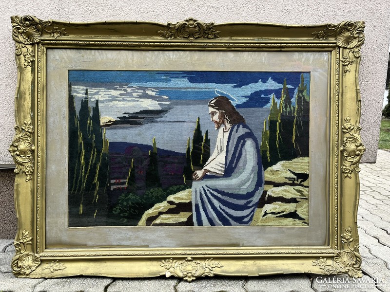 Jézus az olajfák hegyén- gobelin eredeti keretben, üveg előlappal