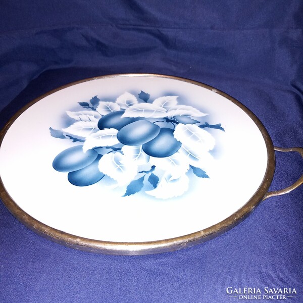 Old, numbered, metal frame tray with faience insert, cake plate.