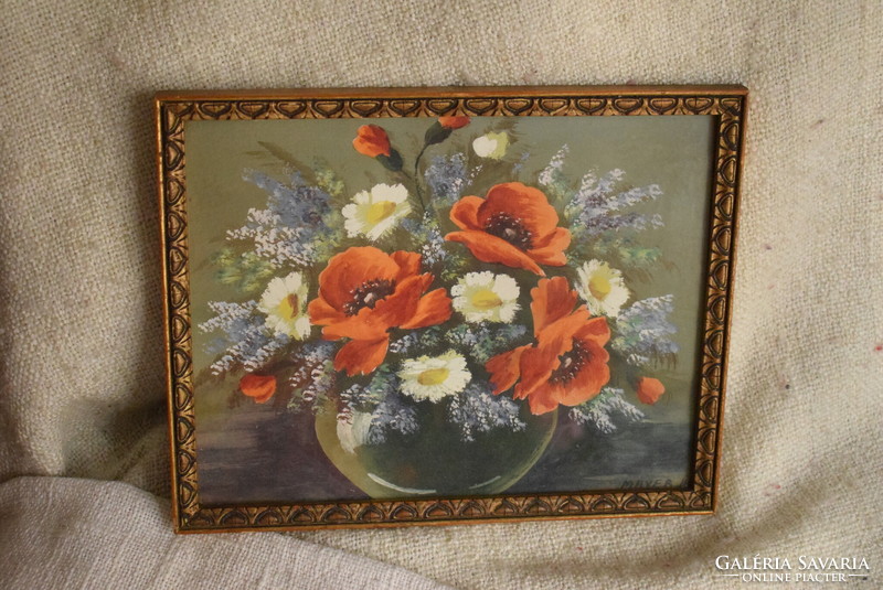 Spring flowers poppy in organ vase still life, mayer b. Tempera, paper 26.5 x 21 cm, 50s