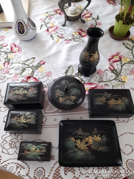 Chinese lacquer collection, boxes, vase, tray, sugar bowl.