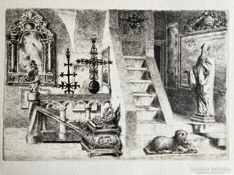 Kálmán Tichy (1888-1968): museum interior, etching, gallery company, 1968
